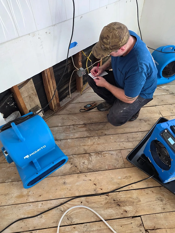 Restoration worker recording notes beside an opened wall and blue drying equipment.